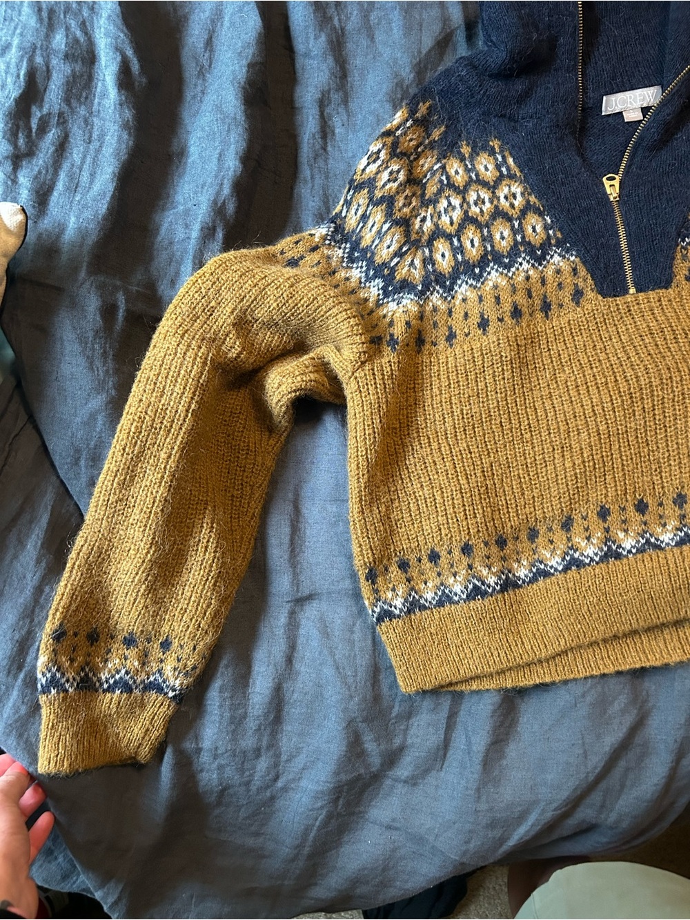 J. Crew Half-Zip Fair Isle Sweater in Mustard and Navy - Picture 2 of 3